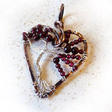 Garnet copper silver heart and tree of life necklace OOAK