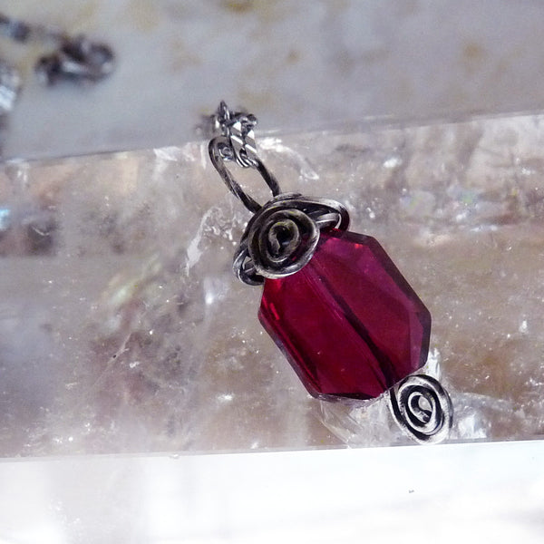 ruby red crystal handmade wire wrapped sterling pendant