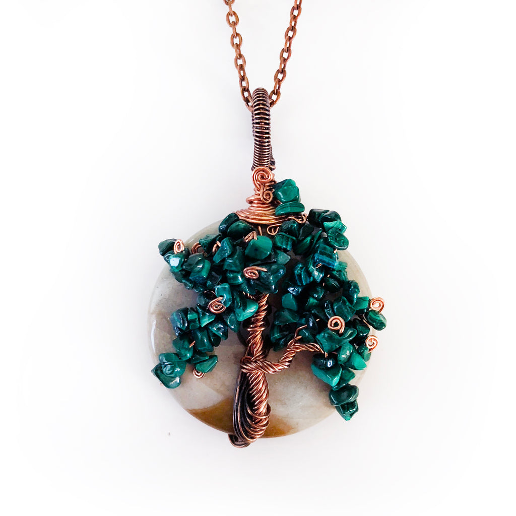 Malachite Copper Wire Wrapped Pendant, Malachite Tree of Life