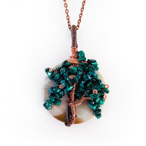 Malachite Wire Wrapped Handmade Pendant, Green Natural Gemstone and Copper