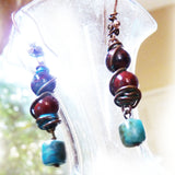 Close up of handmade rustic earrings in turquoise & jasper