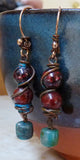 Hanging rustic wire earrings, copper, turquoise, jasper