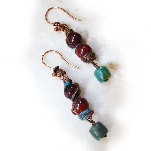 Rustic handmade earrings, copper, blue-geen & brown