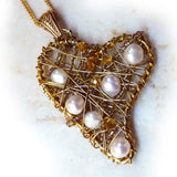Wire Wrapped Gold Heart Pendant With Freshwater Pearls