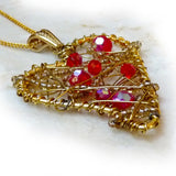Wire Wrapped Art Heart Pendant - Red Crystal & Gold