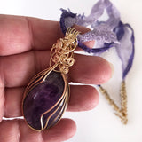 Purple, Amethyst Handmade Wire Wrapped Pendant Necklace, Natural Gemstone, Gold-filled, Bronze, Lace