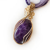 Amethyst Handmade Wire Wrapped Pendant Necklace, Natural Purple Gemstone, Gold-filled, Bronze, Titanium Lace