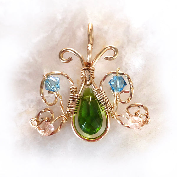 Handmade Wire Wrapped Gold-Filled Butterfly Pendant with Green, Pink, & Blue Crystals