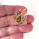 Handmade Wire Wrapped Gold-Filled Butterfly Pendant with Green, Pink, & Blue Crystals