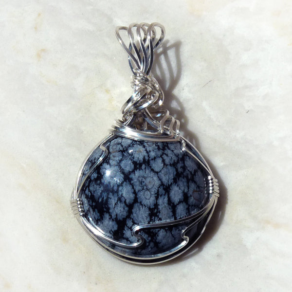 Snowflake Obsidian & sterling silver Wire Wrapped Pendant