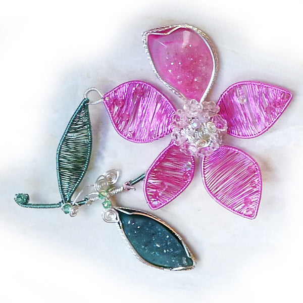 Pink flower druzy wire weave  & wire wrapped pendant