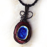 Blue Glass and Brass Wire Wrap Pendant