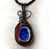 Blue Glass and Brass Wire Wrap Pendant