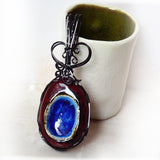 Blue Glass and Brass Wire Wrap Pendant