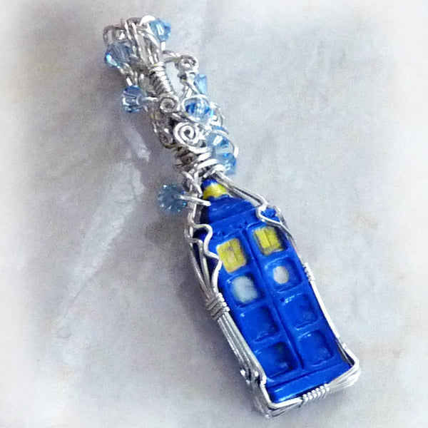 sterling wire wrapped handmade dr. who tardis pendant blue