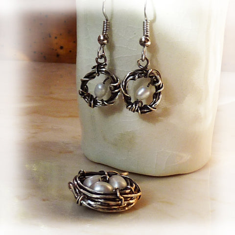 Handmade open wire wrapped OPEN nests & pearl earrings