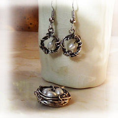 Handmade open wire wrapped OPEN nests & pearl earrings